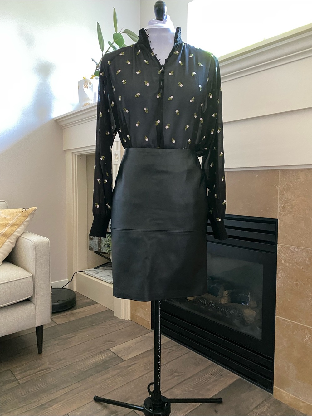 EUC Sheer Black Long Sleeve Blouse with Floral Embellishments